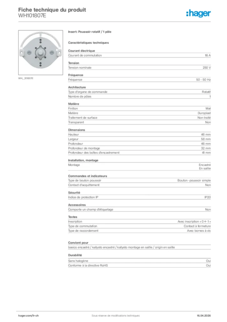 Image Hager Fiche technique du produit WH101807E | Hager Suisse