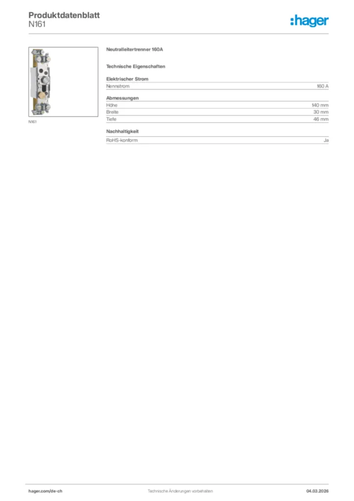 Bild Hager Produktdatenblatt N161 | Hager Schweiz