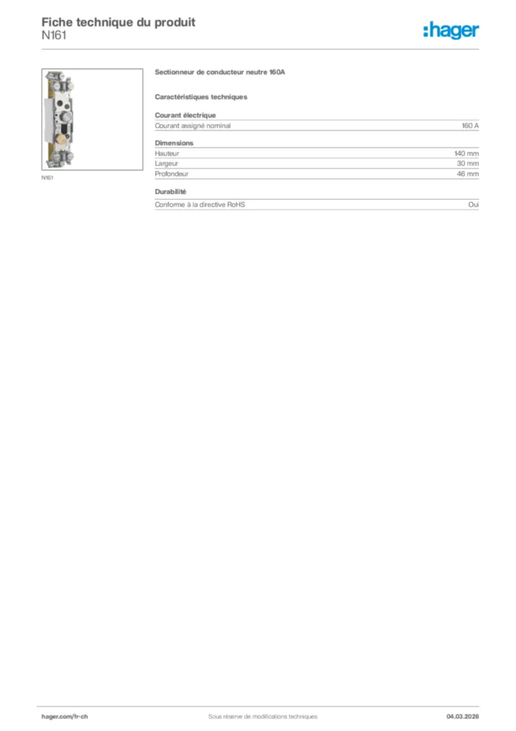 Image Hager Fiche technique du produit N161 | Hager Suisse