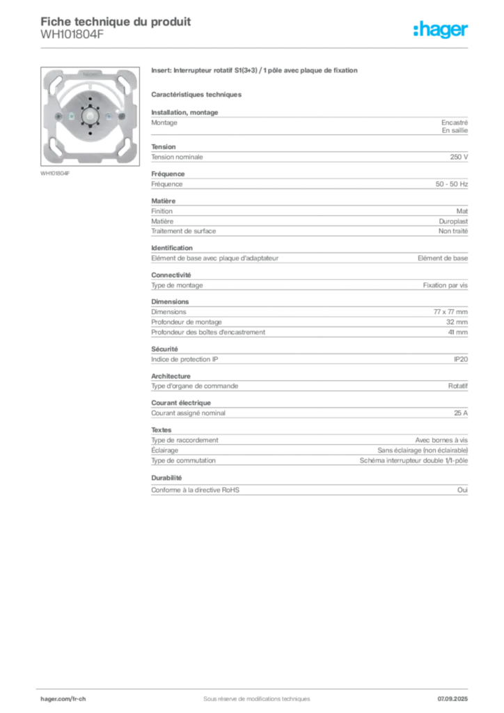 Image Hager Fiche technique du produit WH101804F | Hager Suisse