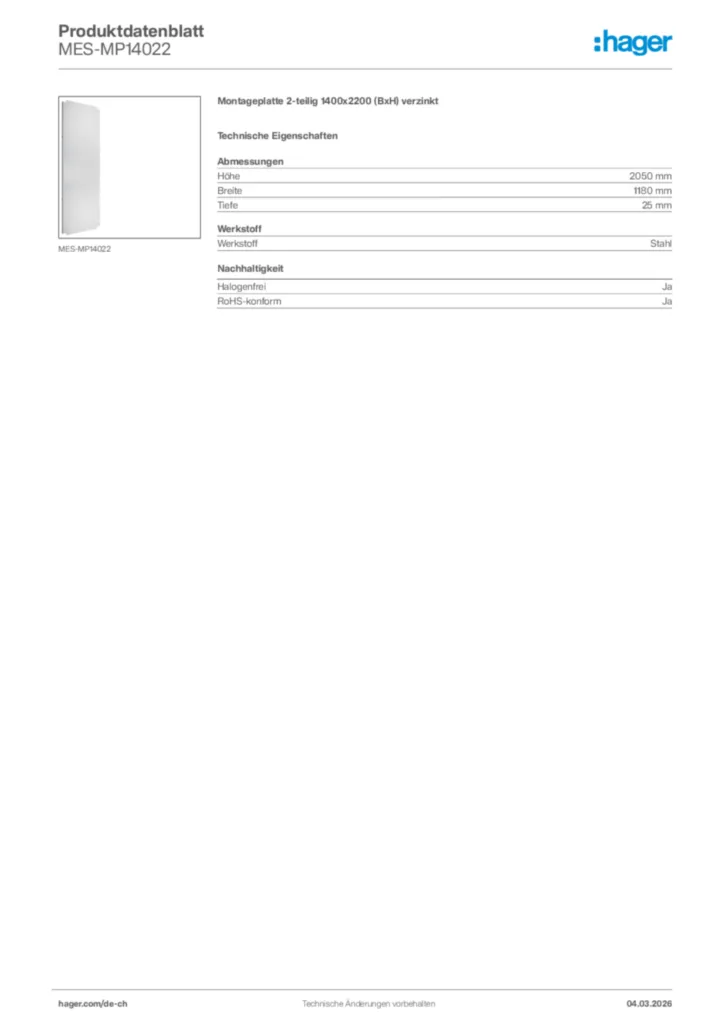 Bild Hager Produktdatenblatt MES-MP14022 | Hager Schweiz