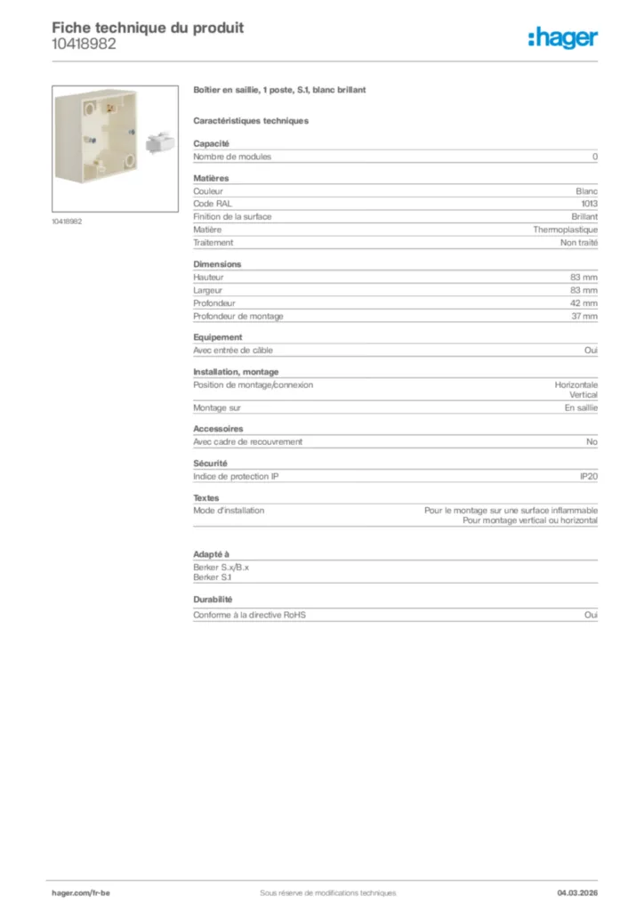 Image Hager Fiche technique du produit 10418982 | Hager Belgique