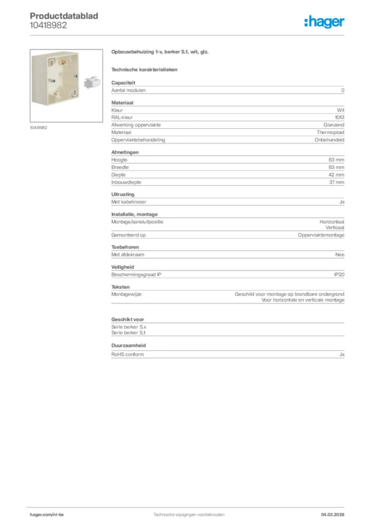 Afbeelding Hager Productdatablad 10418982 | Hager Belgium