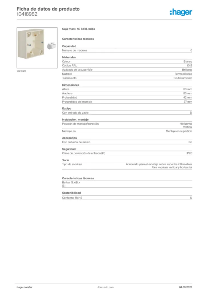 Imagen Hager Ficha de datos de producto 10418982 | Hager España