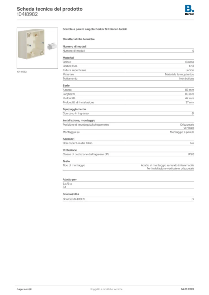 Immagine Berker Scheda tecnica del prodotto 10418982 | Hager Italia