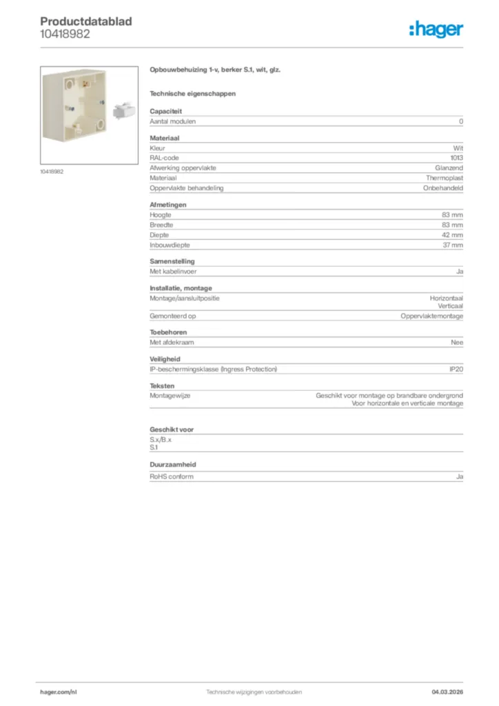Afbeelding Hager Productdatablad 10418982 | Hager Nederland
