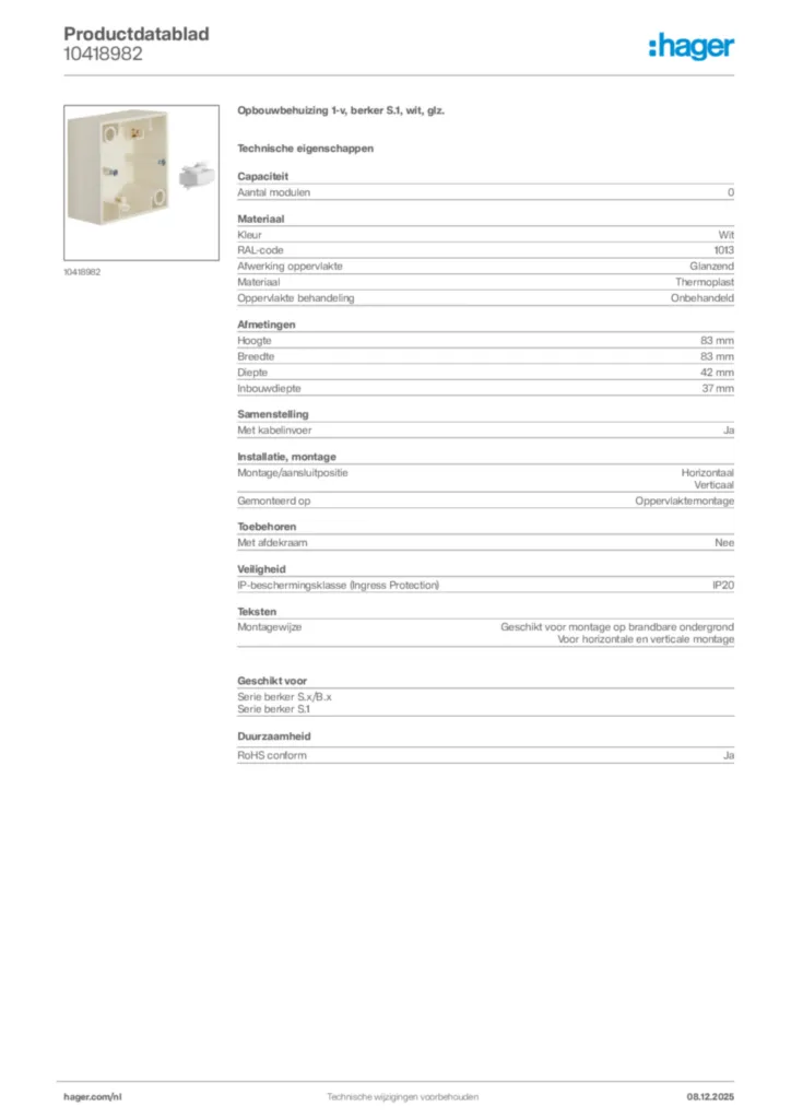 Afbeelding Hager Productdatablad 10418982 | Hager Nederland