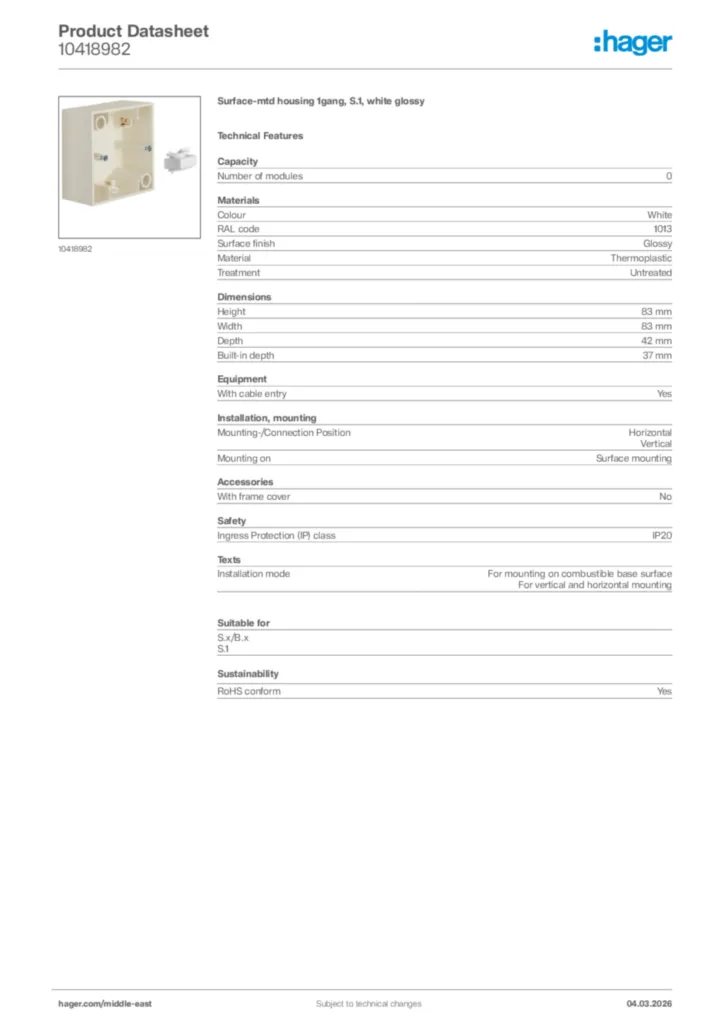 Image Hager Product data sheet 10418982  | Hager