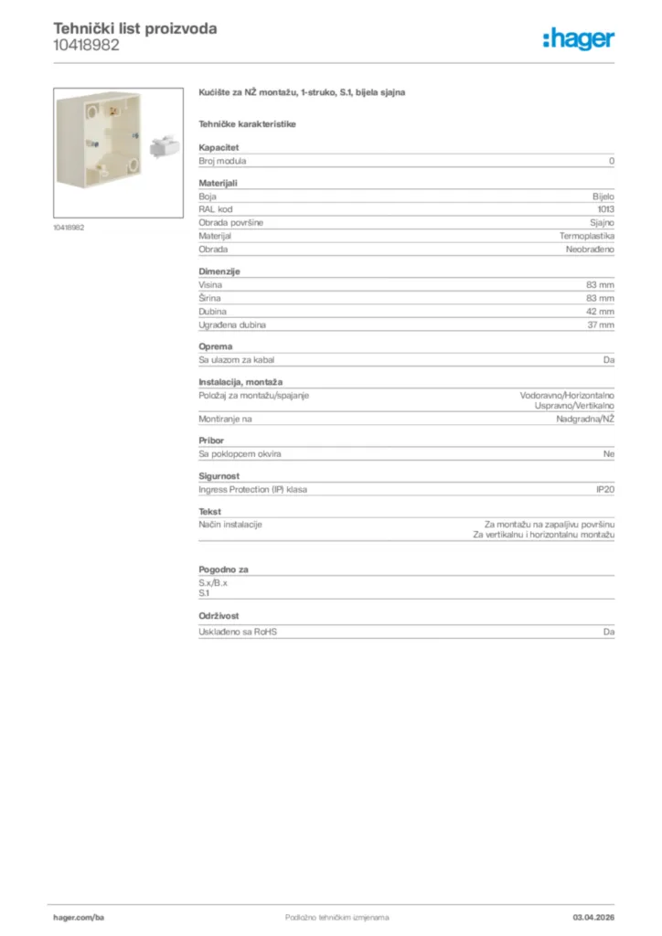 Slika Hager Tehnički list proizvoda 10418982  | Hager