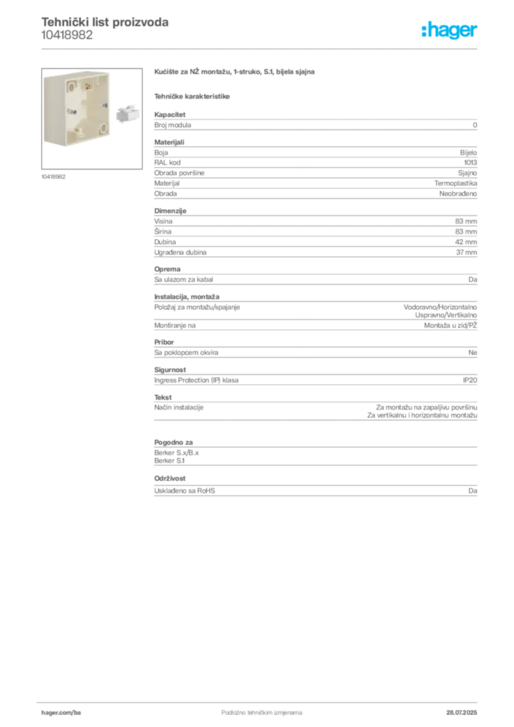 Slika Hager Product data sheet 10418982  | Hager