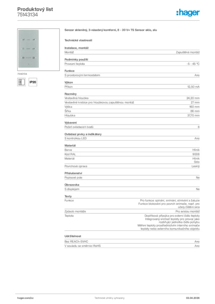 Obrázek Hager Product data sheet 75143134 | Hager