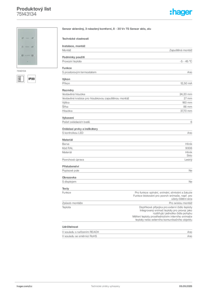 Obrázek Hager Produktový list 75143134 | Hager