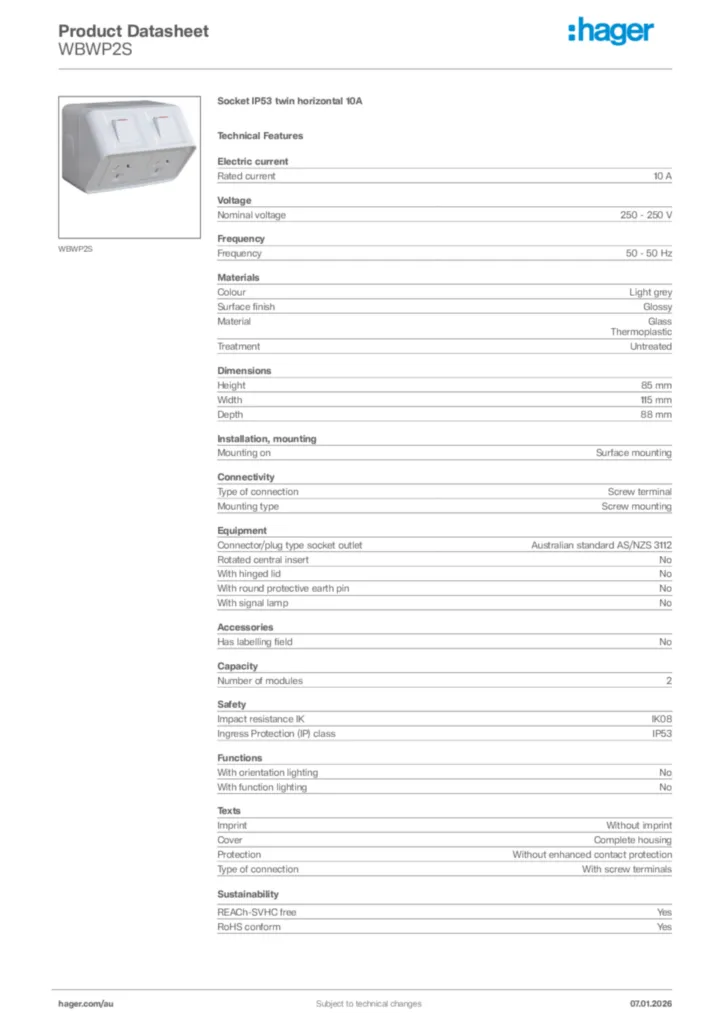 Image Hager Product data sheet WBWP2S  | Hager Australia
