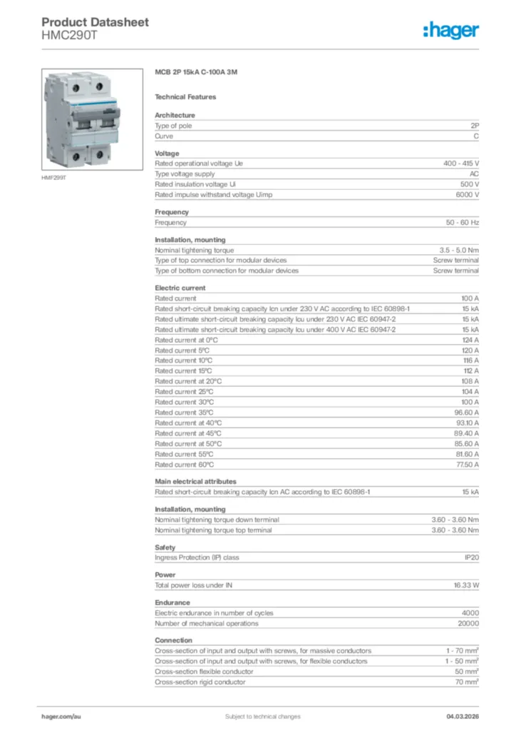 Image Hager Product data sheet HMC290T  | Hager Australia