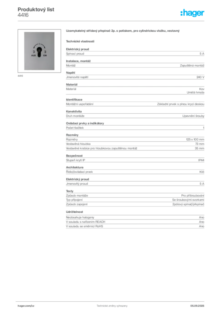 Obrázek Hager Produktový list 4416 | Hager
