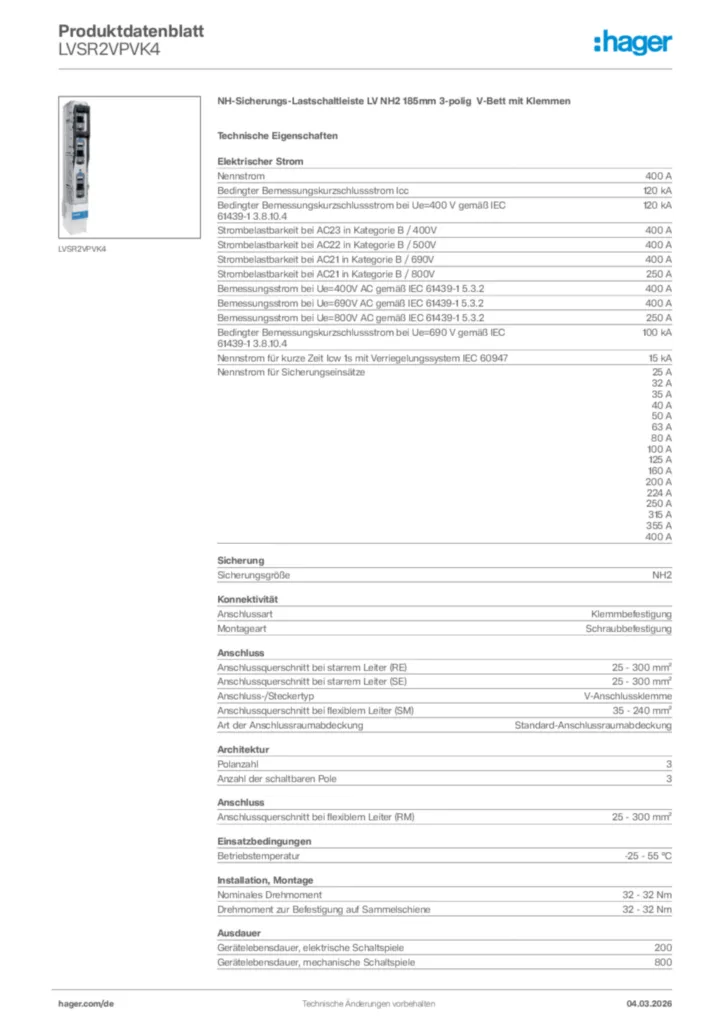 Bild Hager Produktdatenblatt LVSR2VPVK4 | Hager Deutschland