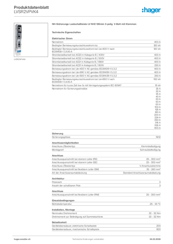 Bild Hager Produktdatenblatt LVSR2VPVK4 | Hager Schweiz