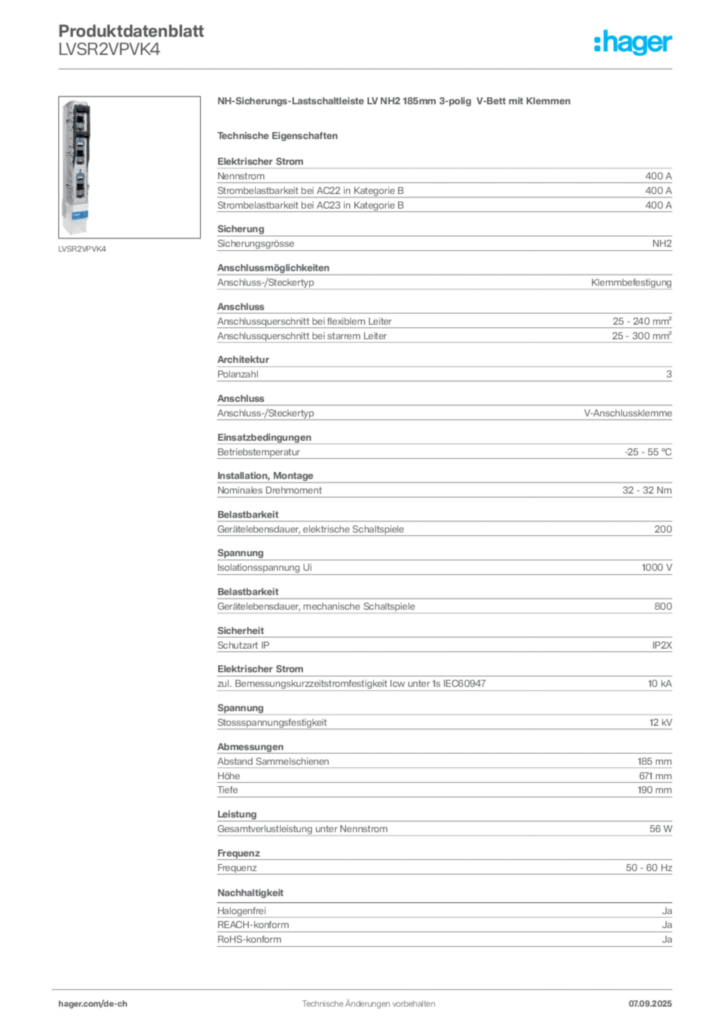 Bild Hager Produktdatenblatt LVSR2VPVK4 | Hager Schweiz