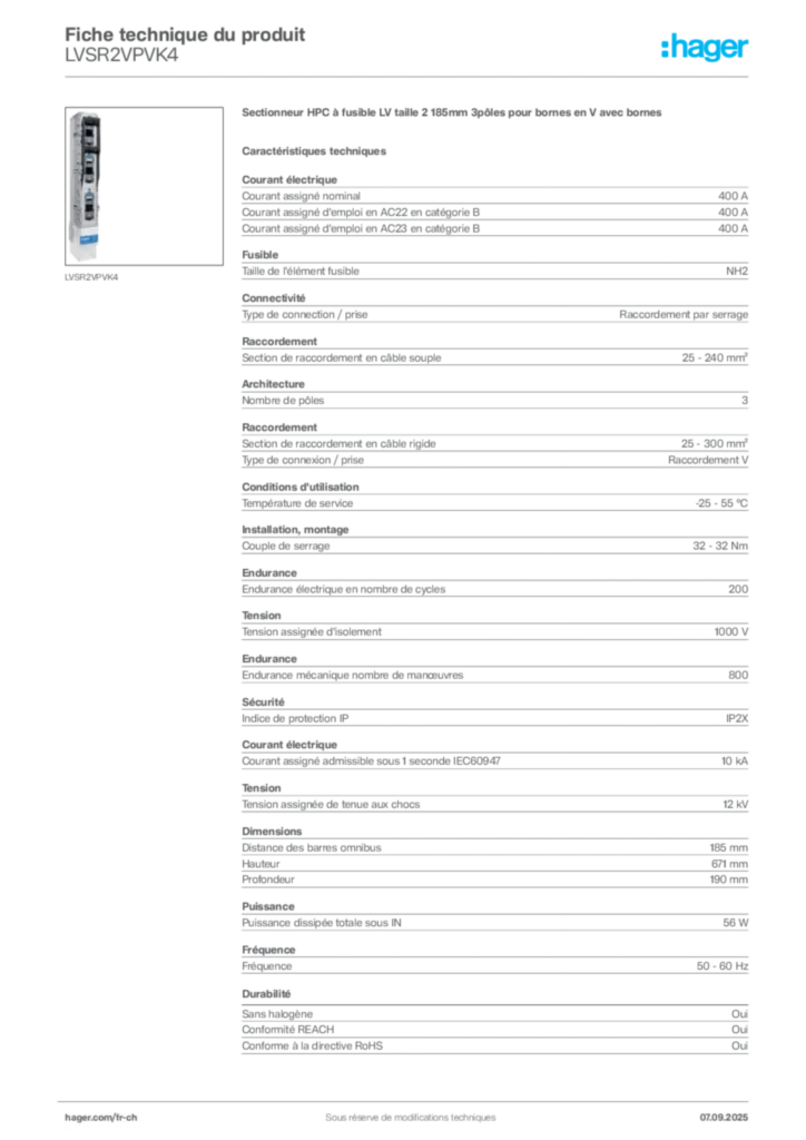 Image Hager Fiche technique du produit LVSR2VPVK4 | Hager Suisse