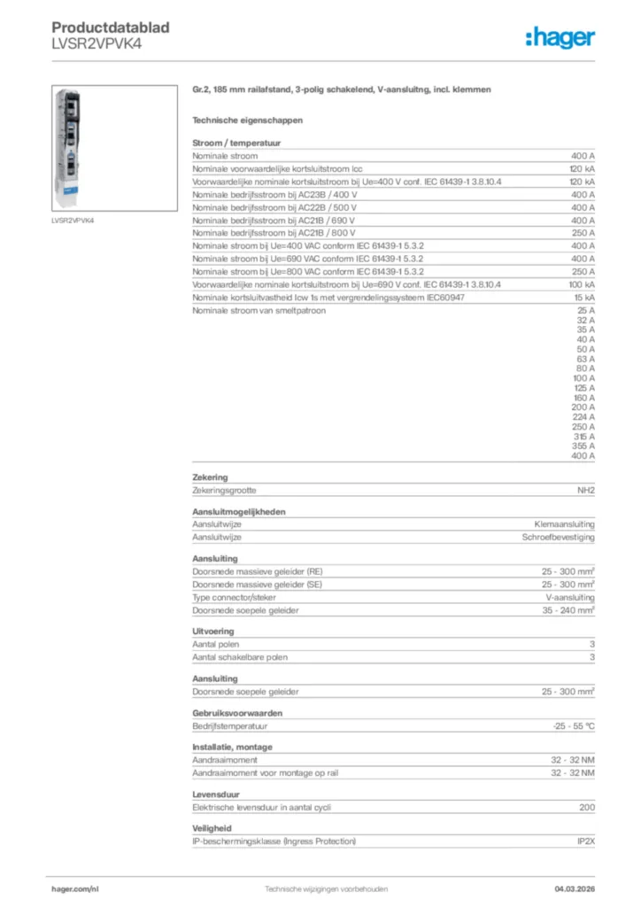 Afbeelding Hager Productdatablad LVSR2VPVK4 | Hager Nederland
