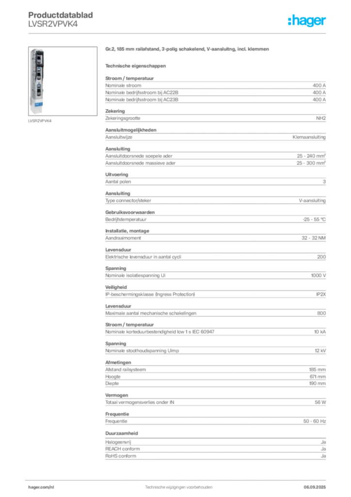 Afbeelding Hager Productdatablad LVSR2VPVK4 | Hager Nederland