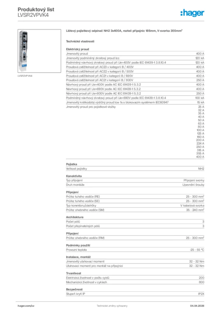 Obrázek Hager Product data sheet LVSR2VPVK4 | Hager
