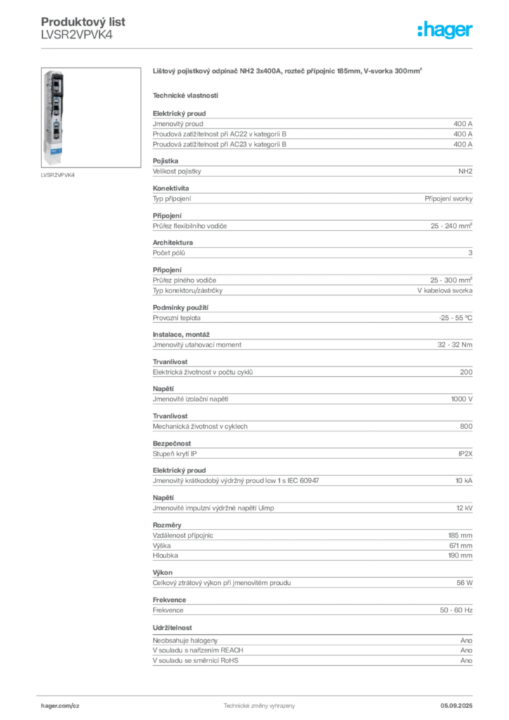 Obrázek Hager Produktový list LVSR2VPVK4 | Hager