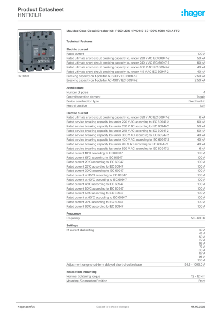 Image Hager Product data sheet HNT101LR  | Hager