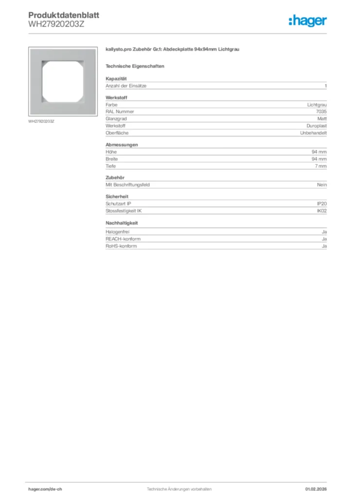 Bild Hager Produktdatenblatt WH27920203Z | Hager Schweiz