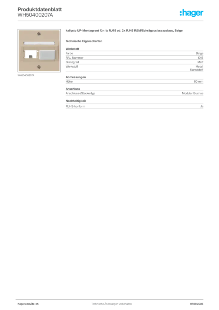 Bild Hager Produktdatenblatt WH50400207A | Hager Schweiz