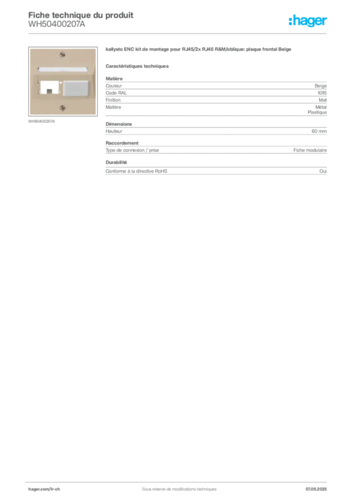 Image Hager Fiche technique du produit WH50400207A | Hager Suisse