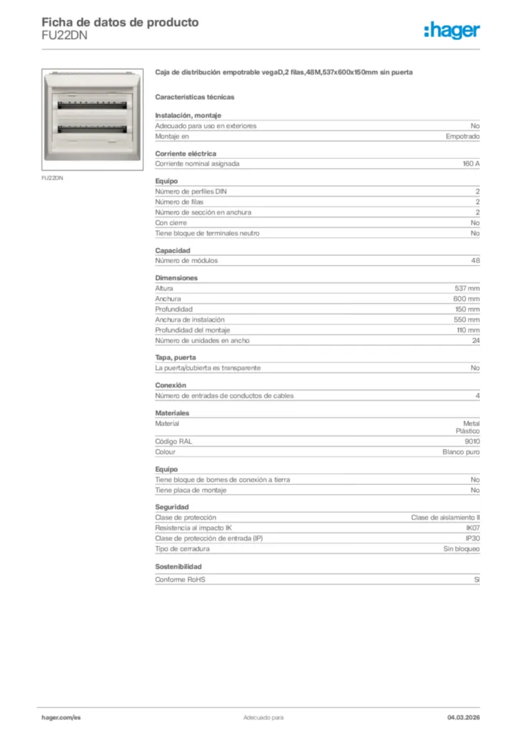 Imagen Hager Ficha de datos de producto FU22DN | Hager España