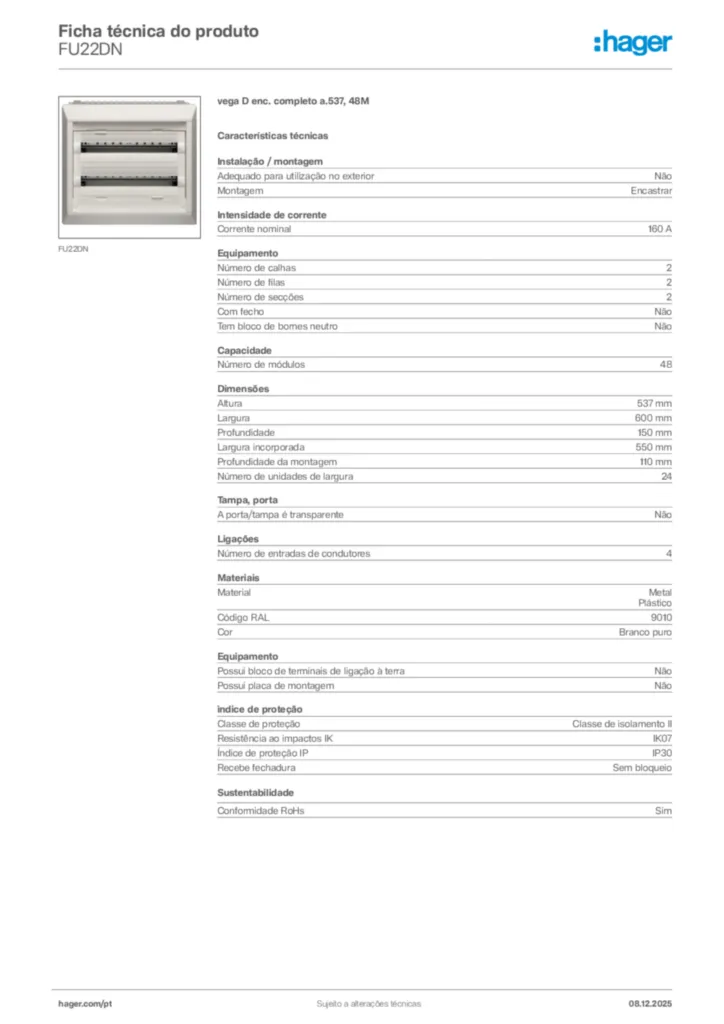 Imagem Hager Ficha técnica do produto FU22DN | Hager Portugal