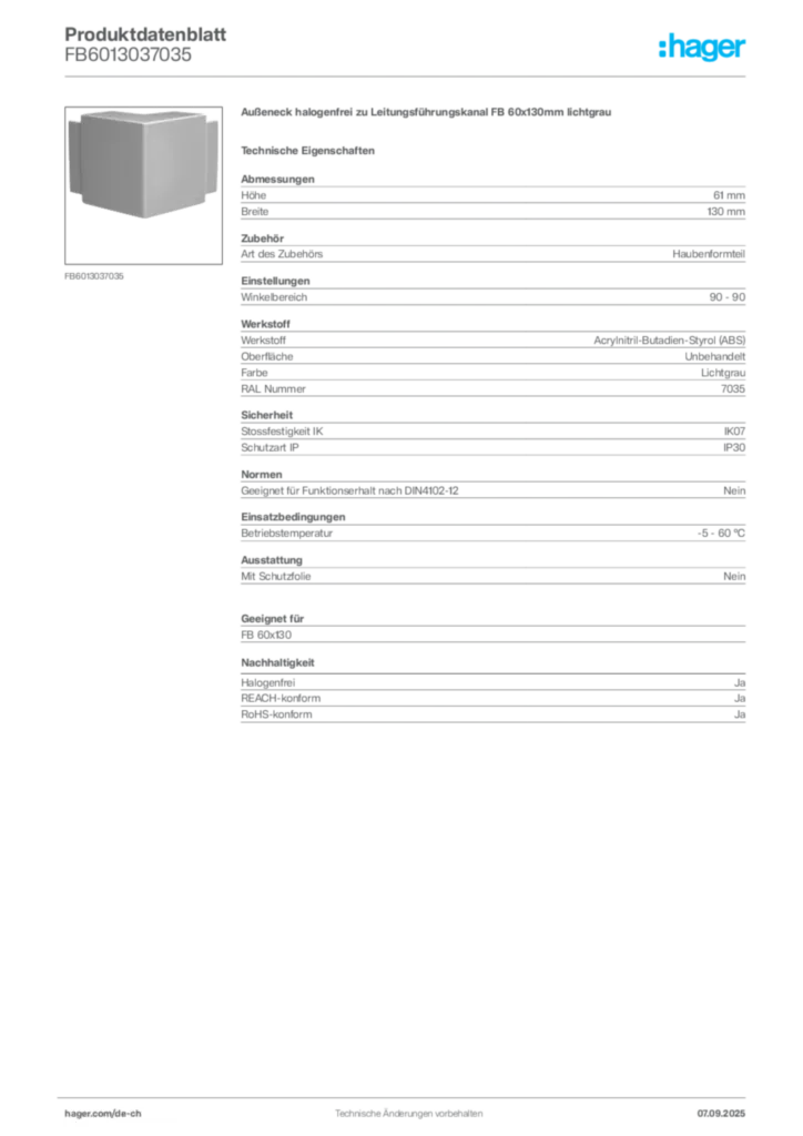 Bild Hager Produktdatenblatt FB6013037035 | Hager Schweiz