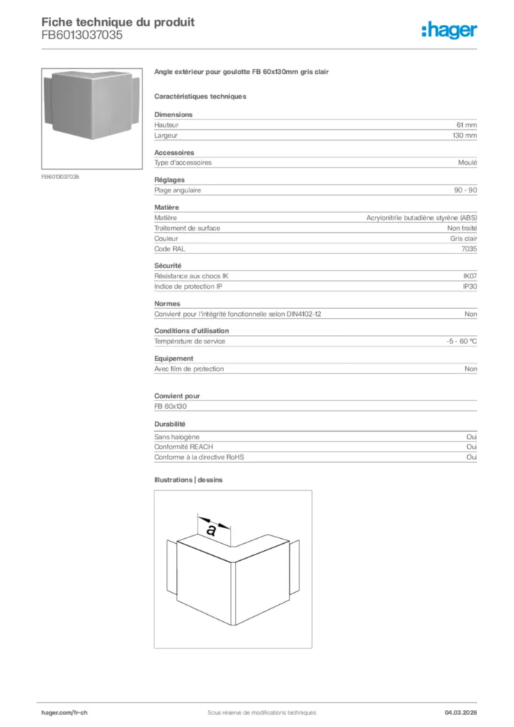 Image Hager Fiche technique du produit FB6013037035 | Hager Suisse