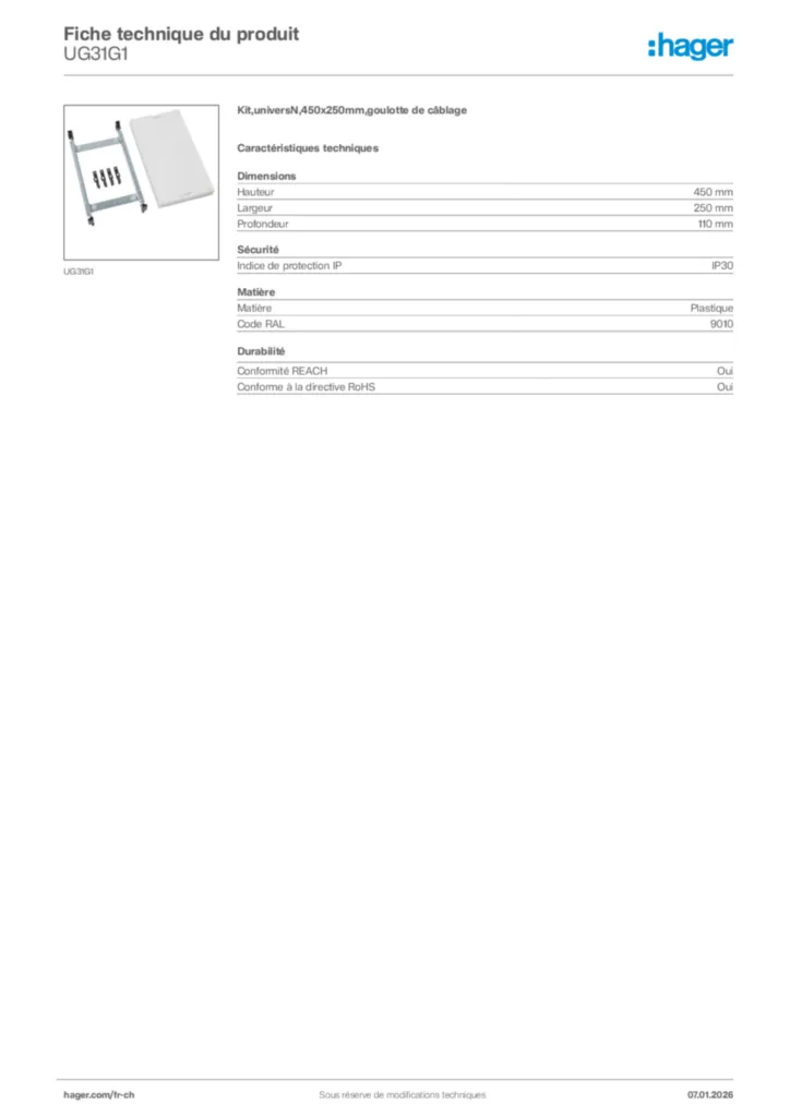 Image Hager Fiche technique du produit UG31G1 | Hager Suisse