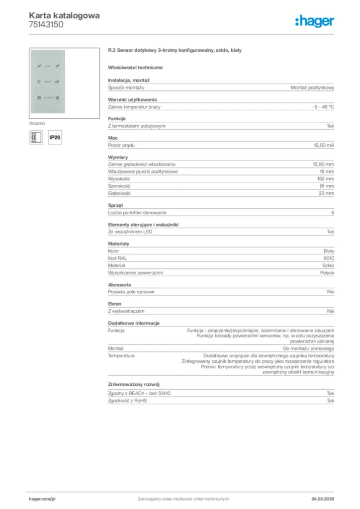 Zdjęcie Hager Karta katalogowa 75143150 | Hager Polska