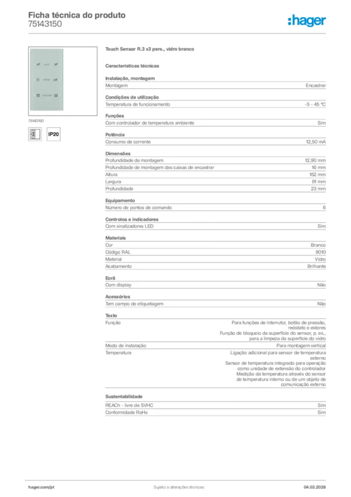 Imagem Hager Ficha técnica do produto 75143150 | Hager Portugal