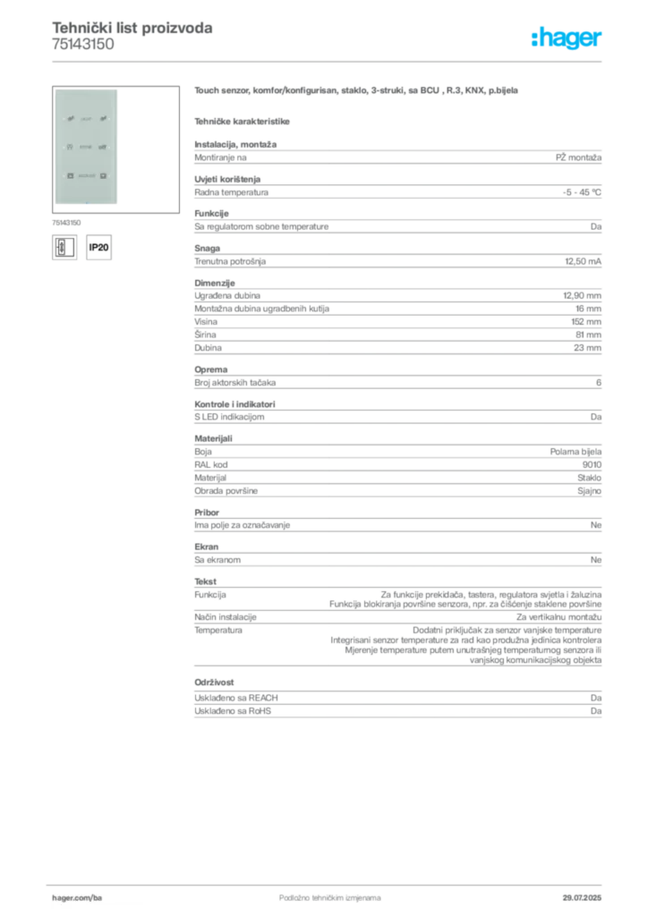 Slika Hager Product data sheet 75143150  | Hager