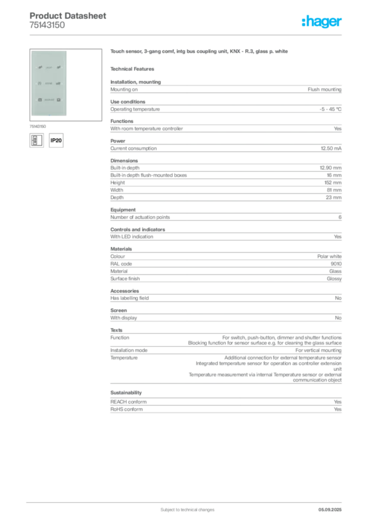 Image Hager Product data sheet 75143150  | Hager