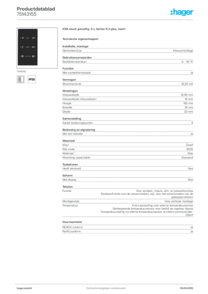 Afbeelding Hager Productdatablad 75143155 | Hager Nederland