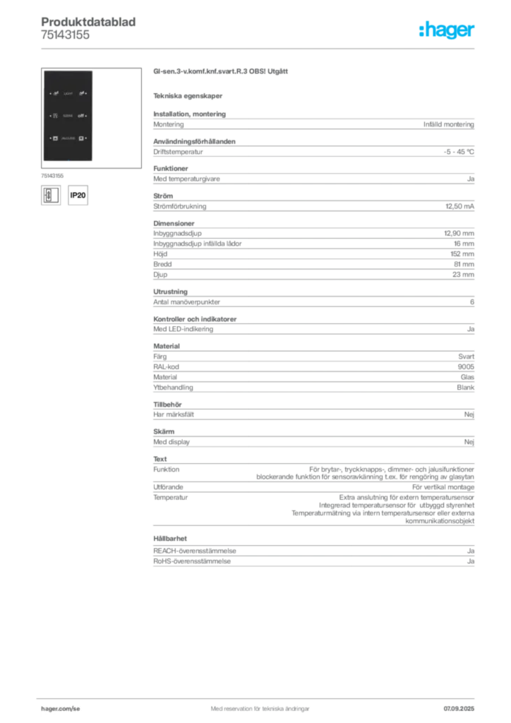 Bild Hager Produktdatablad 75143155 | Hager Sverige