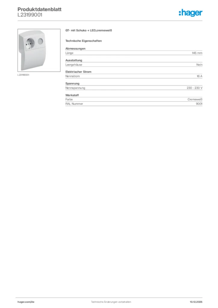 Bild Hager Produktdatenblatt L23199001 | Hager Deutschland