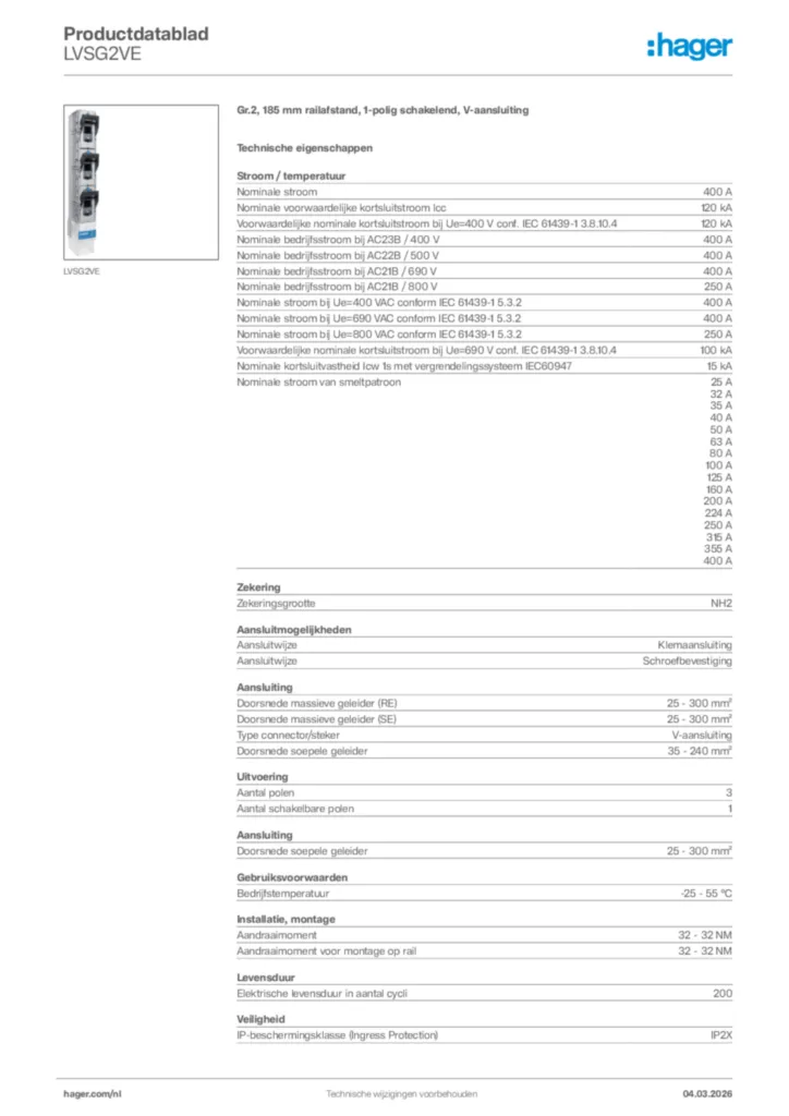 Afbeelding Hager Productdatablad LVSG2VE | Hager Nederland