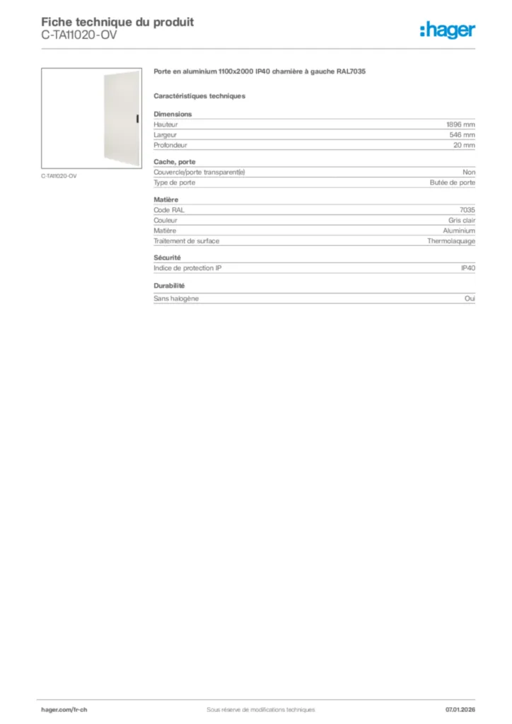 Image Hager Fiche technique du produit C-TA11020-OV | Hager Suisse