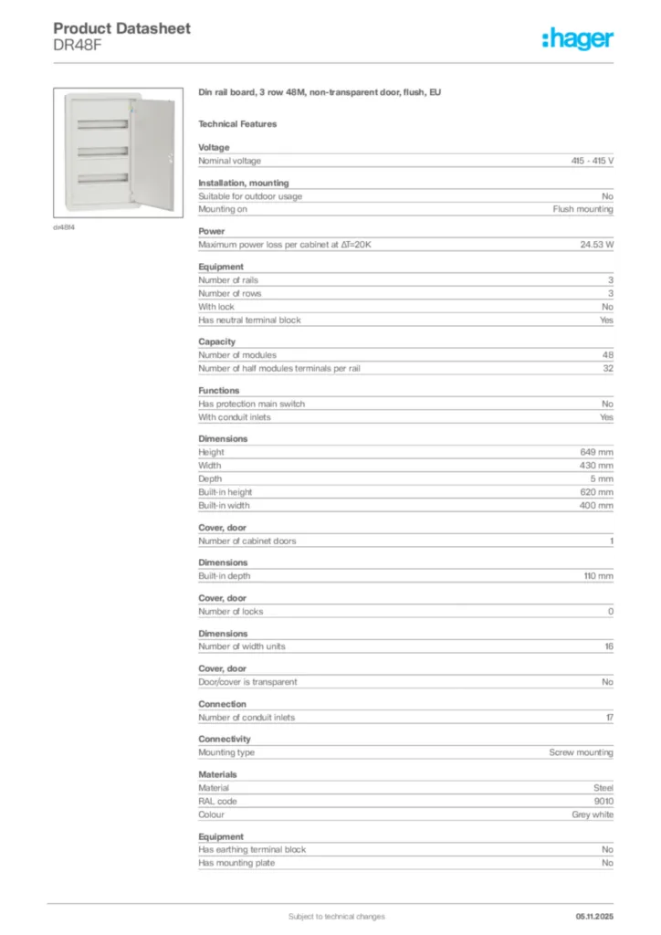 Image Hager Product data sheet DR48F  | Hager Africa