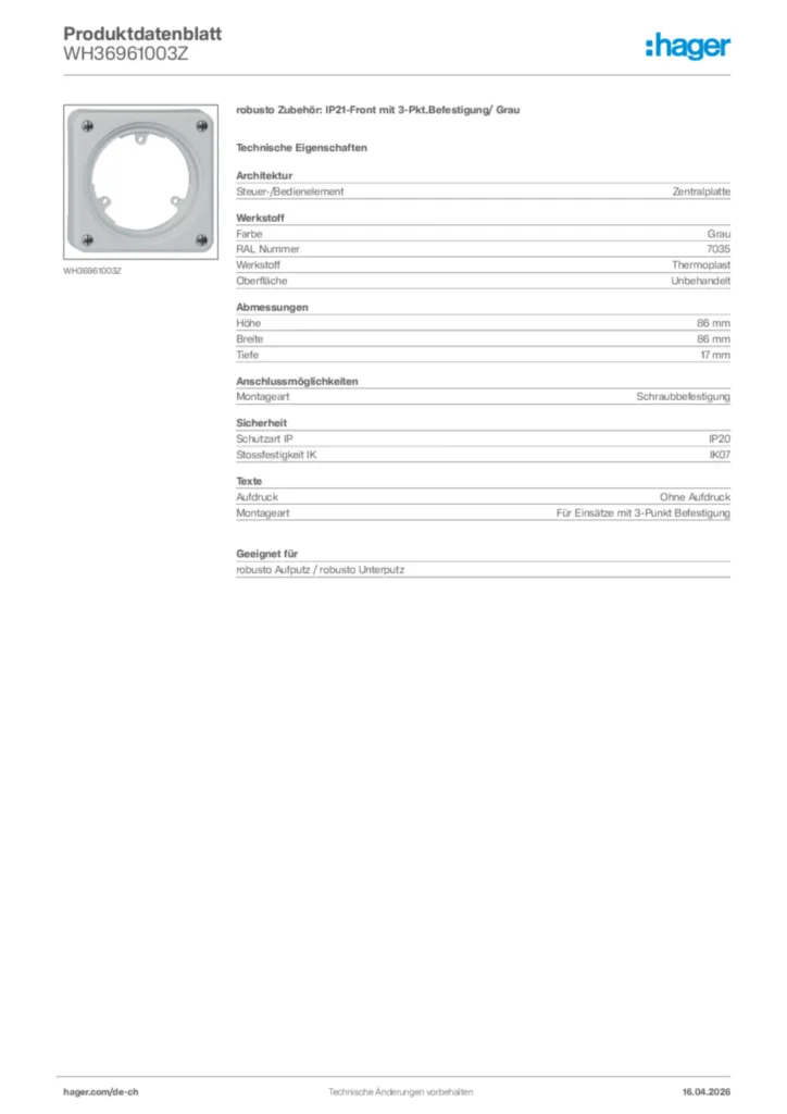 Bild Hager Produktdatenblatt WH36961003Z | Hager Schweiz