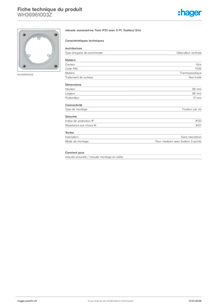 Image Hager Fiche technique du produit WH36961003Z | Hager Suisse