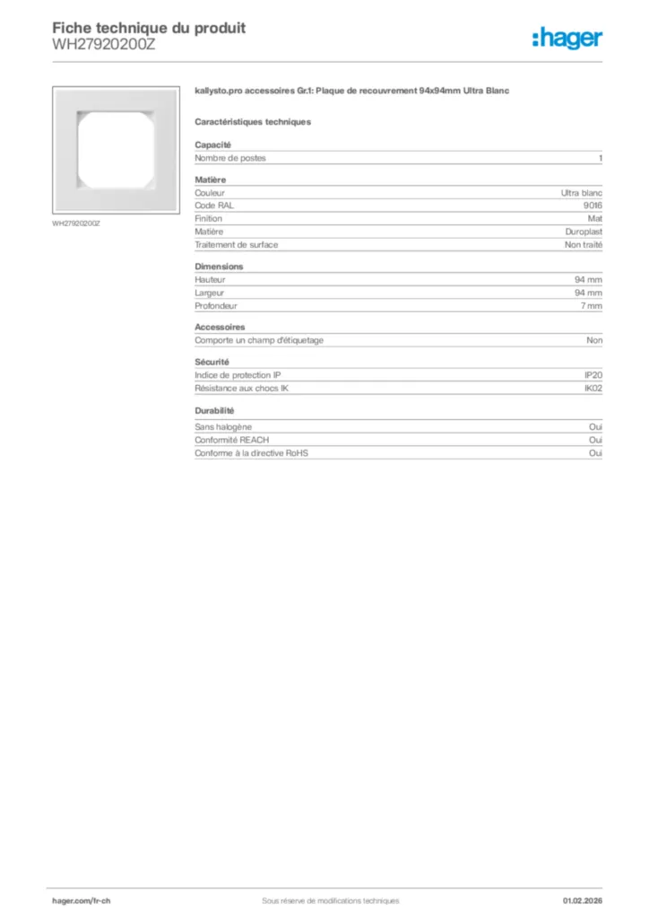 Image Hager Fiche technique du produit WH27920200Z | Hager Suisse