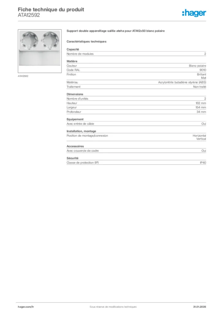 Image Hager Fiche technique du produit ATA12592 | Hager France